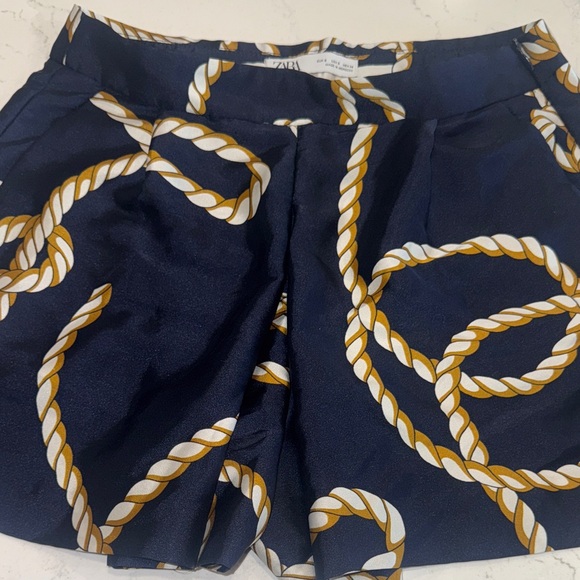 Zara Navy Rope Pattern High Waist Satiny Pleated Shorts Size S - Picture 3 of 5
